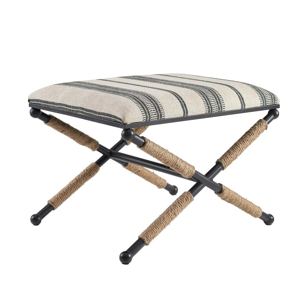 Start2Finish Logue Campaign Ottoman in beige fabric, showing a modern, rectangular upholstered footstool with wooden legs.