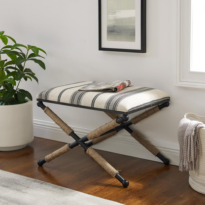 Start2Finish Logue Campaign Ottoman in neutral fabric with wooden legs, showcasing a modern, versatile storage and seating piece.