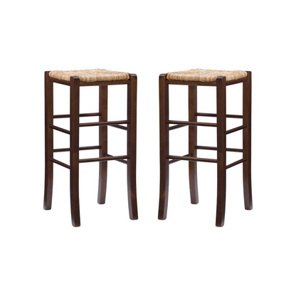 Set of two Gianna backless walnut barstools by Start2Finish, showcasing sleek wooden seats and sturdy legs for stylish seating.