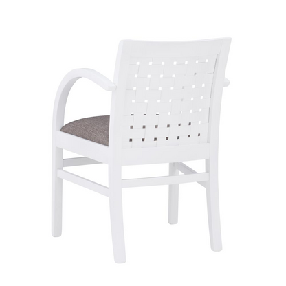 White Samantha woven arm chair by Start2Finish with a stylish, modern design and comfortable armrests.