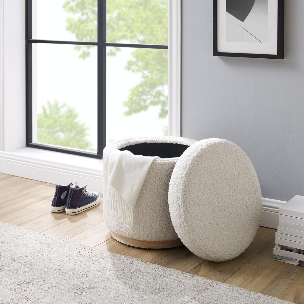 Start2Finish Blanche Storage Ottoman in natural finish, showing a modern furniture piece with a cushioned top and spacious storage interior.