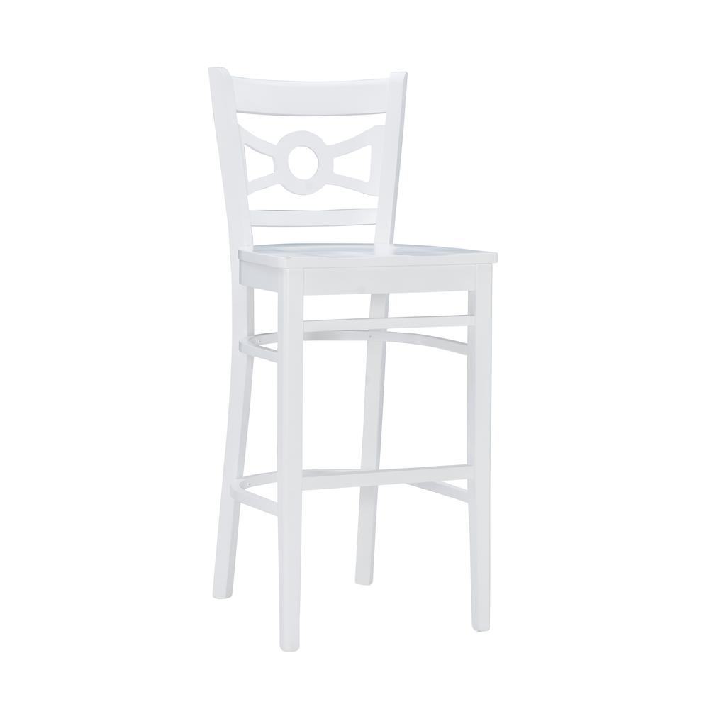 Set of two white Teresa barstools by Start2Finish, featuring modern design, wooden legs, and comfortable cushioned seats.