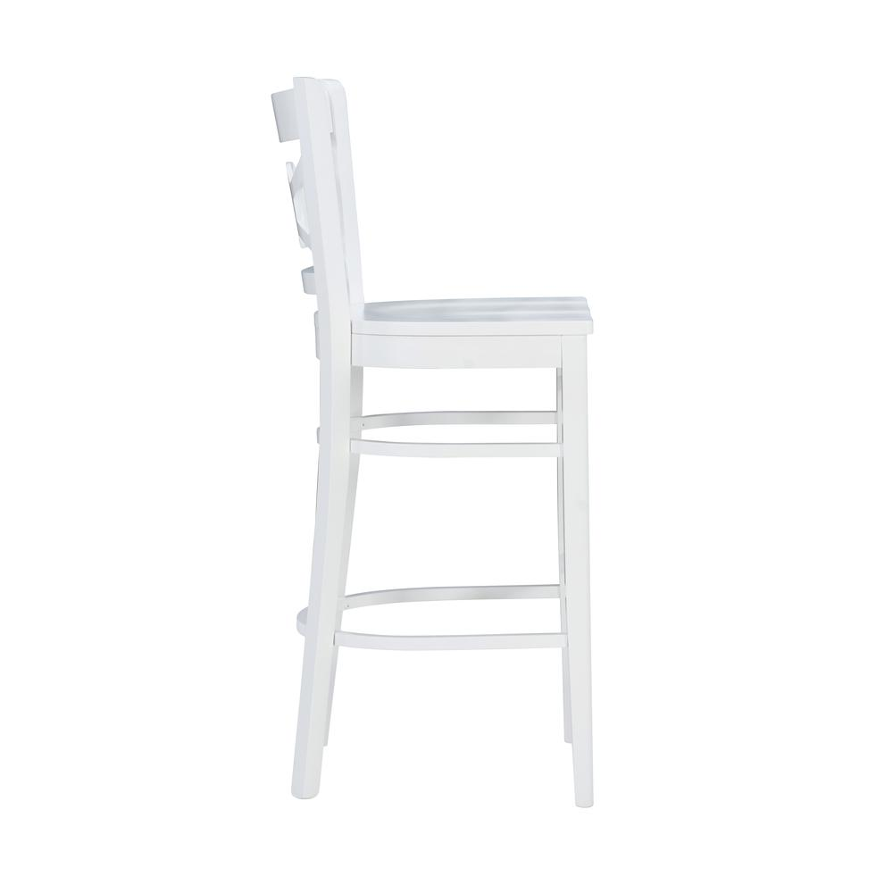 Set of two white Teresa barstools by Start2Finish, featuring sleek modern design and sturdy wooden legs.