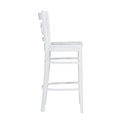 Set of two white Teresa barstools by Start2Finish, featuring sleek modern design and sturdy wooden legs.