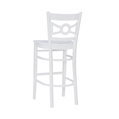 Set of two white Teresa barstools by Start2Finish, featuring sleek modern design and sturdy wooden legs.