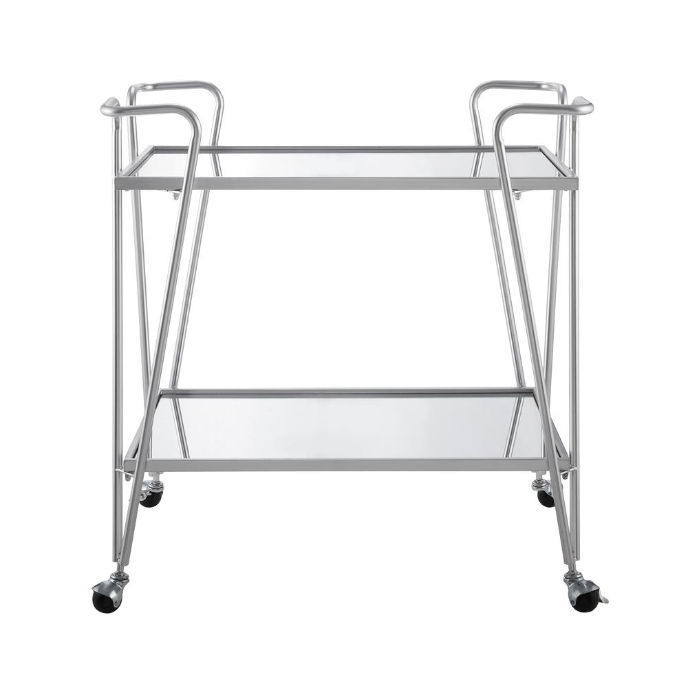 Silver Mid-Century Bar Cart by Start2Finish with two shelves and wheels, featuring a sleek, modern furniture design.
