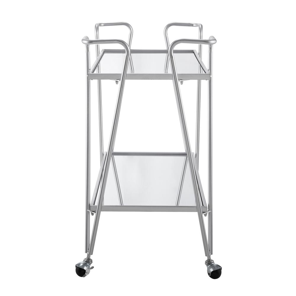 Silver Mid-Century Bar Cart by Start2Finish, showcasing a stylish vintage-inspired furniture piece with wheels and sleek design.