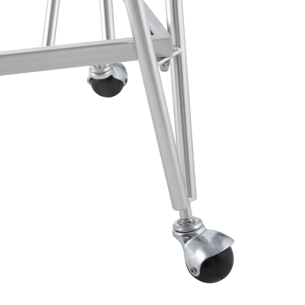 Mid-century silver bar cart with two shelves and wheels, featuring a sleek metal frame and modern design.