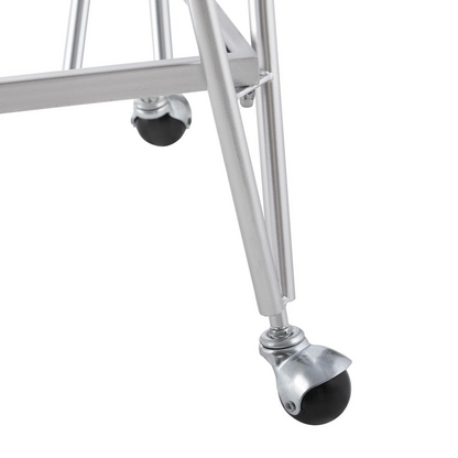 Mid-century silver bar cart with two shelves and wheels, featuring a sleek metal frame and modern design.