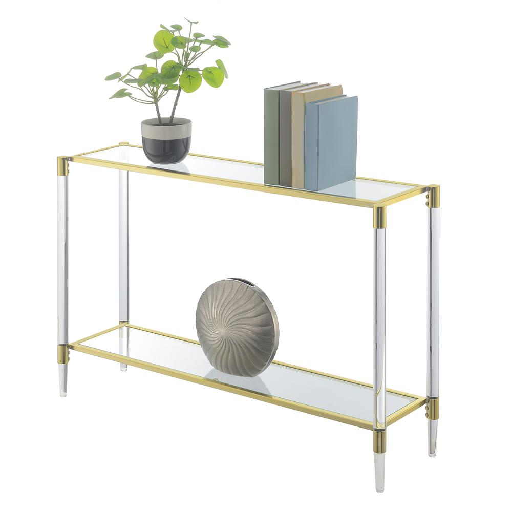 Royal Crest 2-tier acrylic glass console table by Start2Finish, featuring sleek transparent surfaces and modern design.