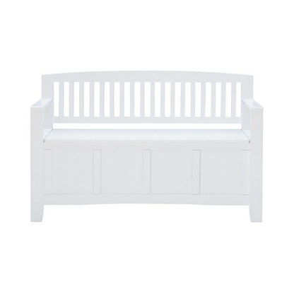 White Cynthia storage bench by Start2Finish featuring a cushioned top and spacious interior for seating and organization.