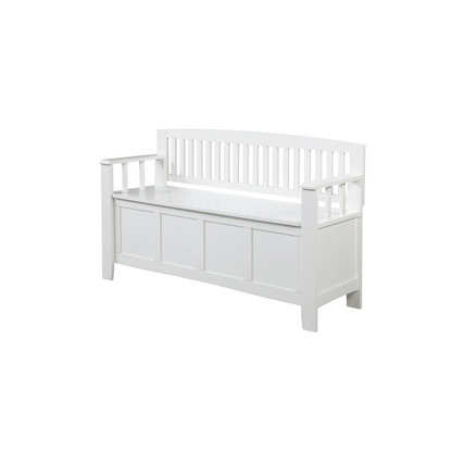 White Cynthia Storage Bench by Start2Finish, showing a modern wooden bench with a cushioned top and ample interior storage space.