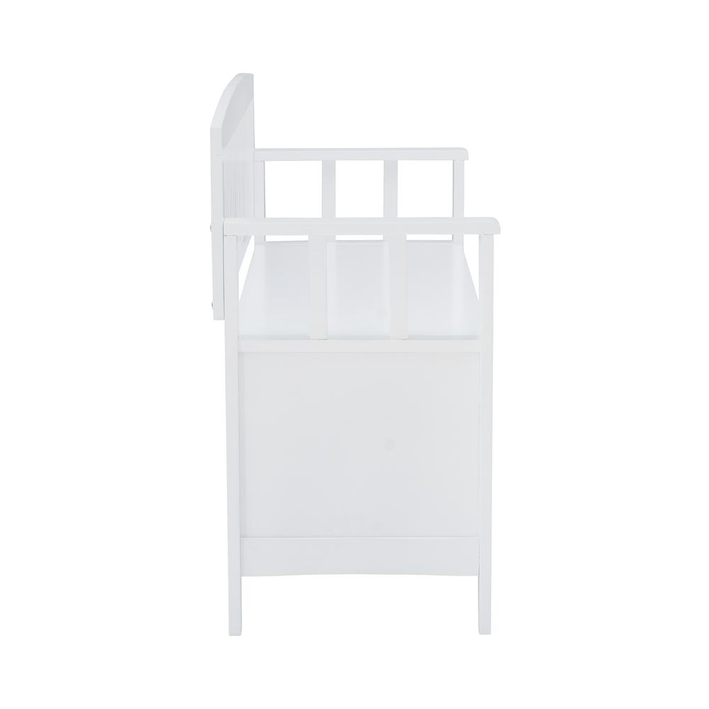 White Cynthia Storage Bench by Start2Finish with a cushioned top and wooden legs, ideal for extra seating and storage in entryways.