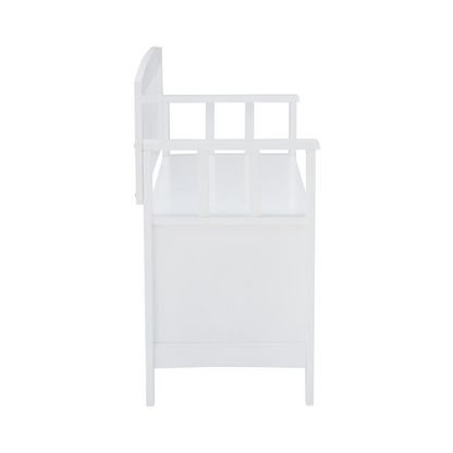 White Cynthia Storage Bench by Start2Finish with a cushioned top and wooden legs, ideal for extra seating and storage in entryways.