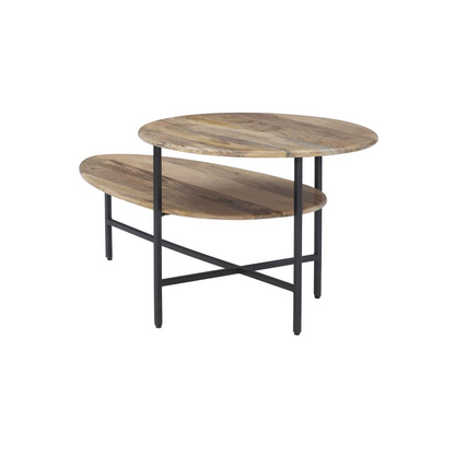Start2Finish Tavin two-tiered coffee table in natural and black wood finish, showing the layered design and sleek surface.