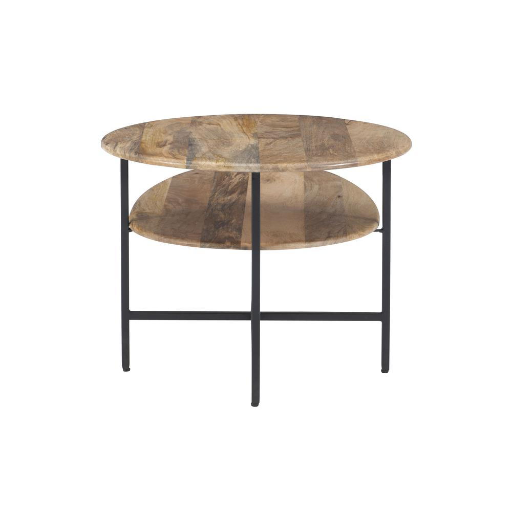 Start2Finish Tavin two-tiered coffee table in natural wood and black finish, showing the sleek, modern design with two levels.