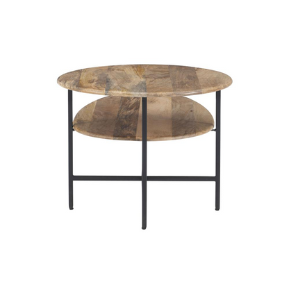 Start2Finish Tavin two-tiered coffee table in natural wood and black finish, showing the sleek, modern design with two levels.