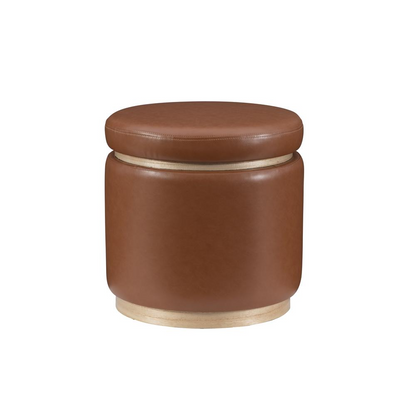 Start2Finish Blanche Storage Ottoman in caramel faux leather, showing its rectangular shape and cushioned top with storage space.