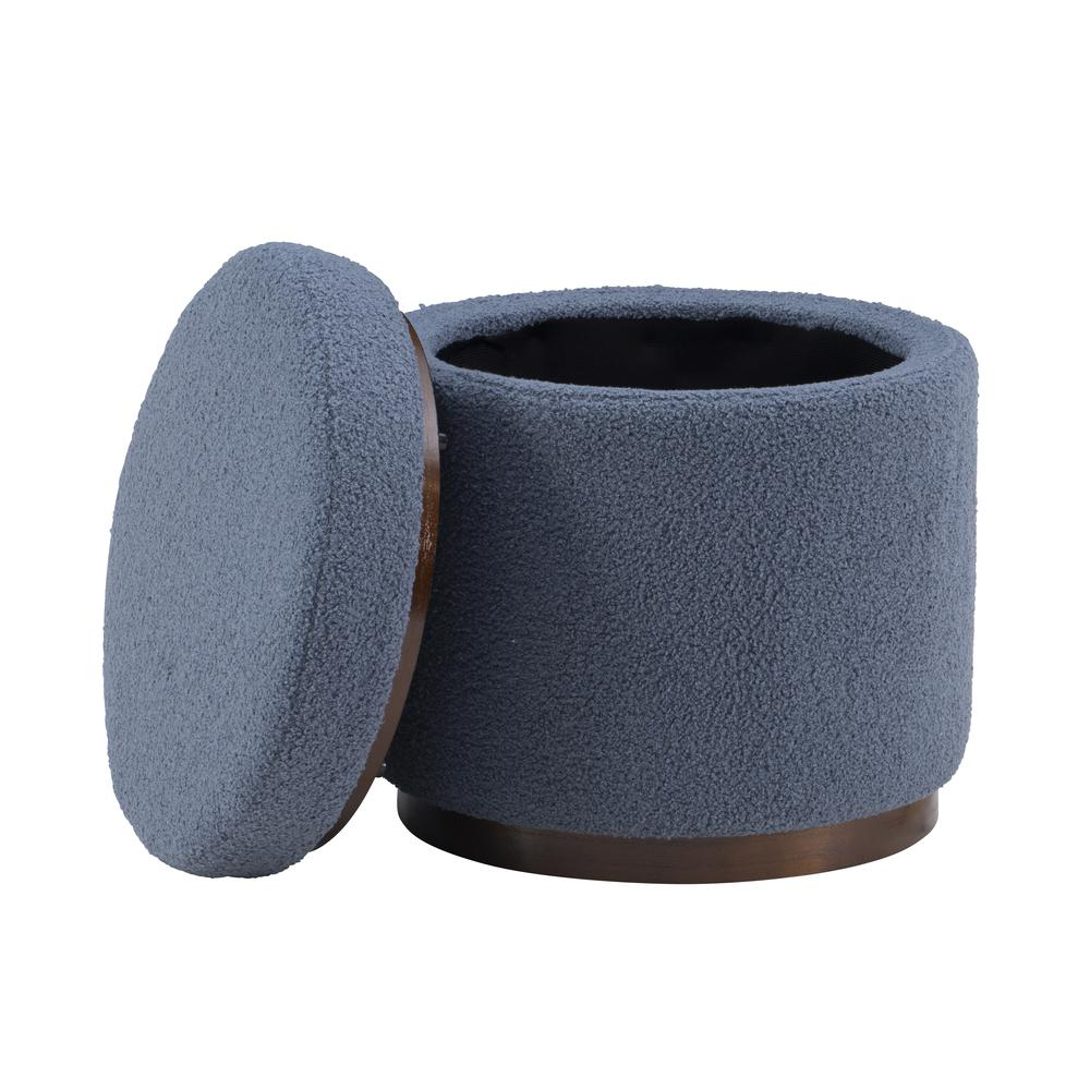 Blue Blanche Storage Ottoman by Start2Finish with Gry Walnut accents, showcasing its plush fabric and spacious interior for storage.