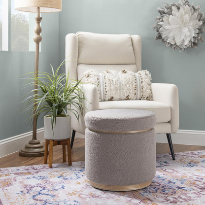 Start2Finish grey storage ottoman featuring a soft upholstered top and sturdy wooden legs, ideal for living room or bedroom storage.