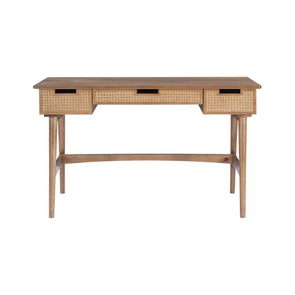 Ryker Rattan Desk by Start2Finish showing a stylish rattan-top office desk with sturdy legs and a modern design.