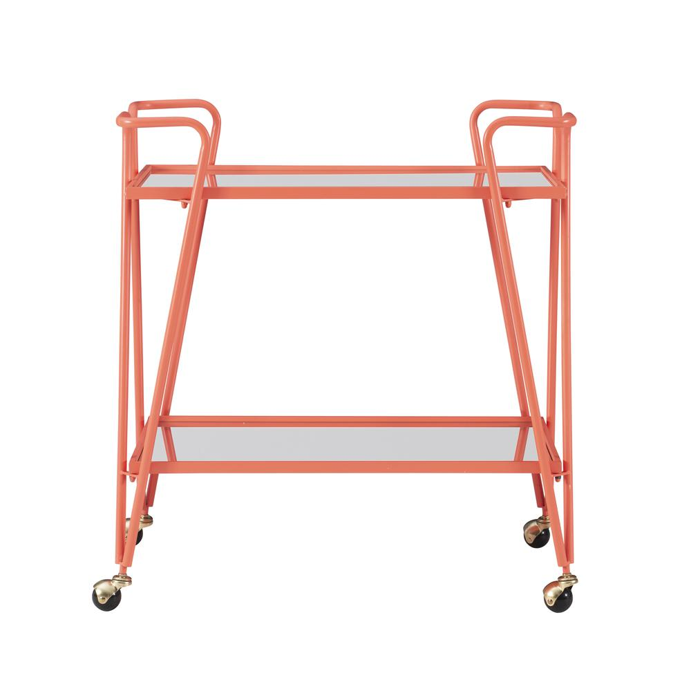 Coral mid-century bar cart by Start2Finish with two shelves and metal frame, vintage-style furniture for home bar or living room.
