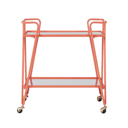 Coral mid-century bar cart by Start2Finish with two shelves and metal frame, vintage-style furniture for home bar or living room.