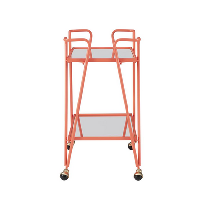 Start2Finish coral mid-century bar cart with two shelves and castered legs, stylish furniture for living room or bar area.