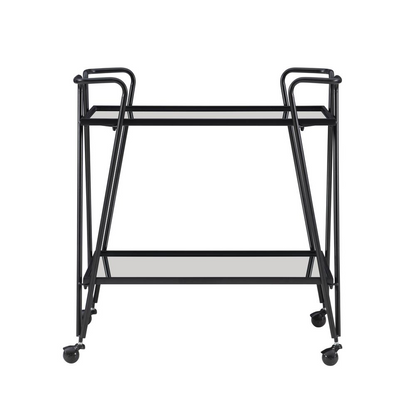 Black mid-century bar cart from Start2Finish, featuring a sleek design with wheels and multiple shelves for stylish beverage storage.