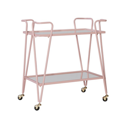 Pink mid-century bar cart from Start2Finish with two shelves and brass handles, stylish furniture for home entertainment.
