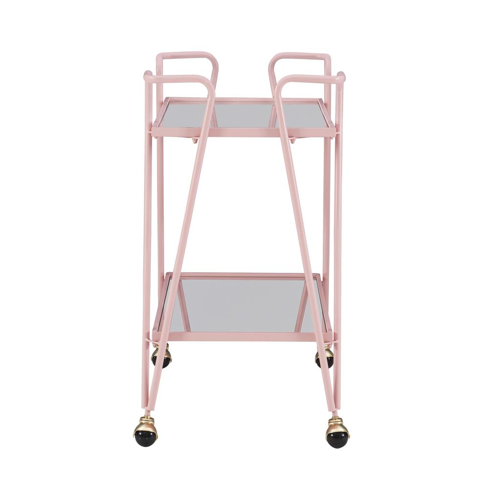 Pink mid-century bar cart by Start2Finish with two shelves and four wheels, stylish furniture piece for living or dining areas.