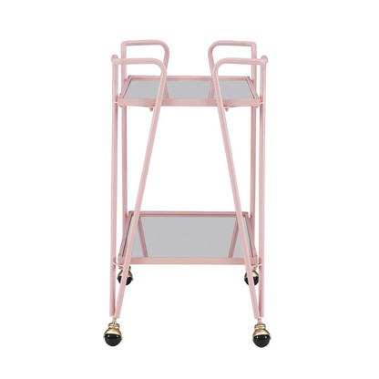 Pink mid-century bar cart by Start2Finish with two shelves and four wheels, stylish furniture piece for living or dining areas.