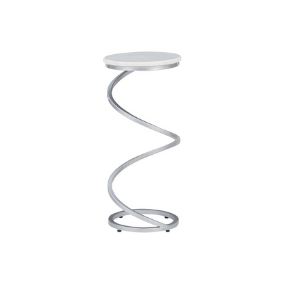 Start2Finish Rian Spiral Drink Table in silver with white marble top, modern furniture piece with a sleek spiral design.