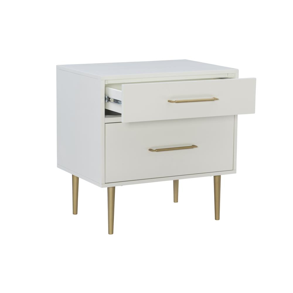 Start2Finish Gloria two drawer nightstand with wood finish and sleek modern design, featuring silver handles and sturdy construction.