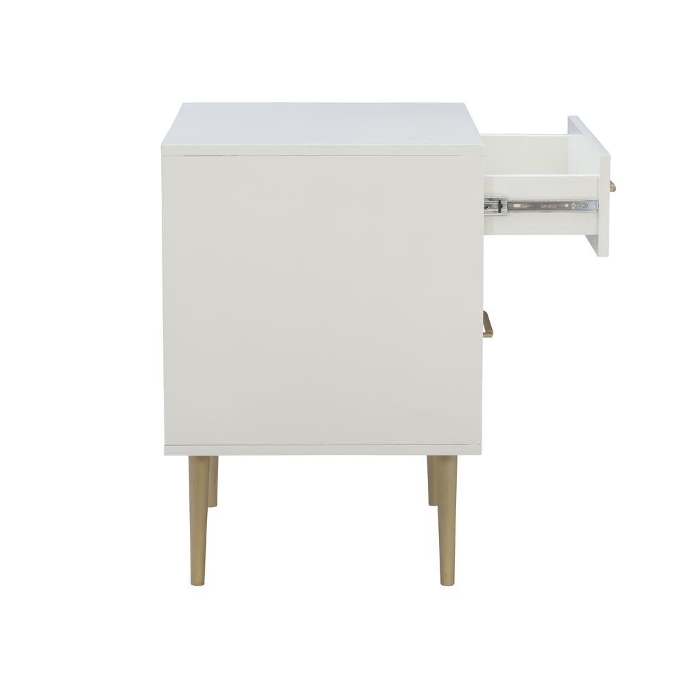Start2Finish Gloria Two Drawer Nightstand with sleek wood finish and modern handles, shown in a well-lit bedroom setting.