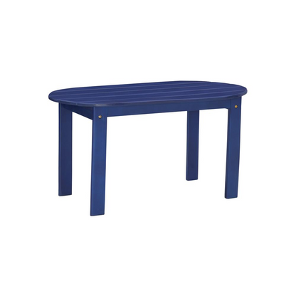 Blue Adirondack coffee table from Start2Finish furniture with a slatted wooden top and sturdy legs.