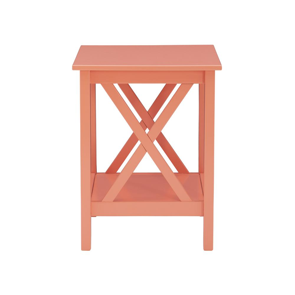 Start2Finish Davis Coral End Table showing a modern coral-colored wooden furniture piece with a smooth surface and sturdy legs.