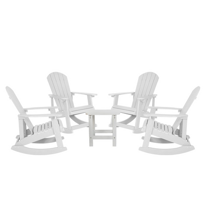 Set of 4 white Adirondack rocking chairs with matching side tables, outdoor furniture by Start2Finish.