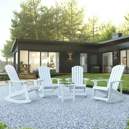 Set of 4 white Adirondack rocking chairs with side table, outdoor furniture by Start2Finish, showing comfortable seating and table.