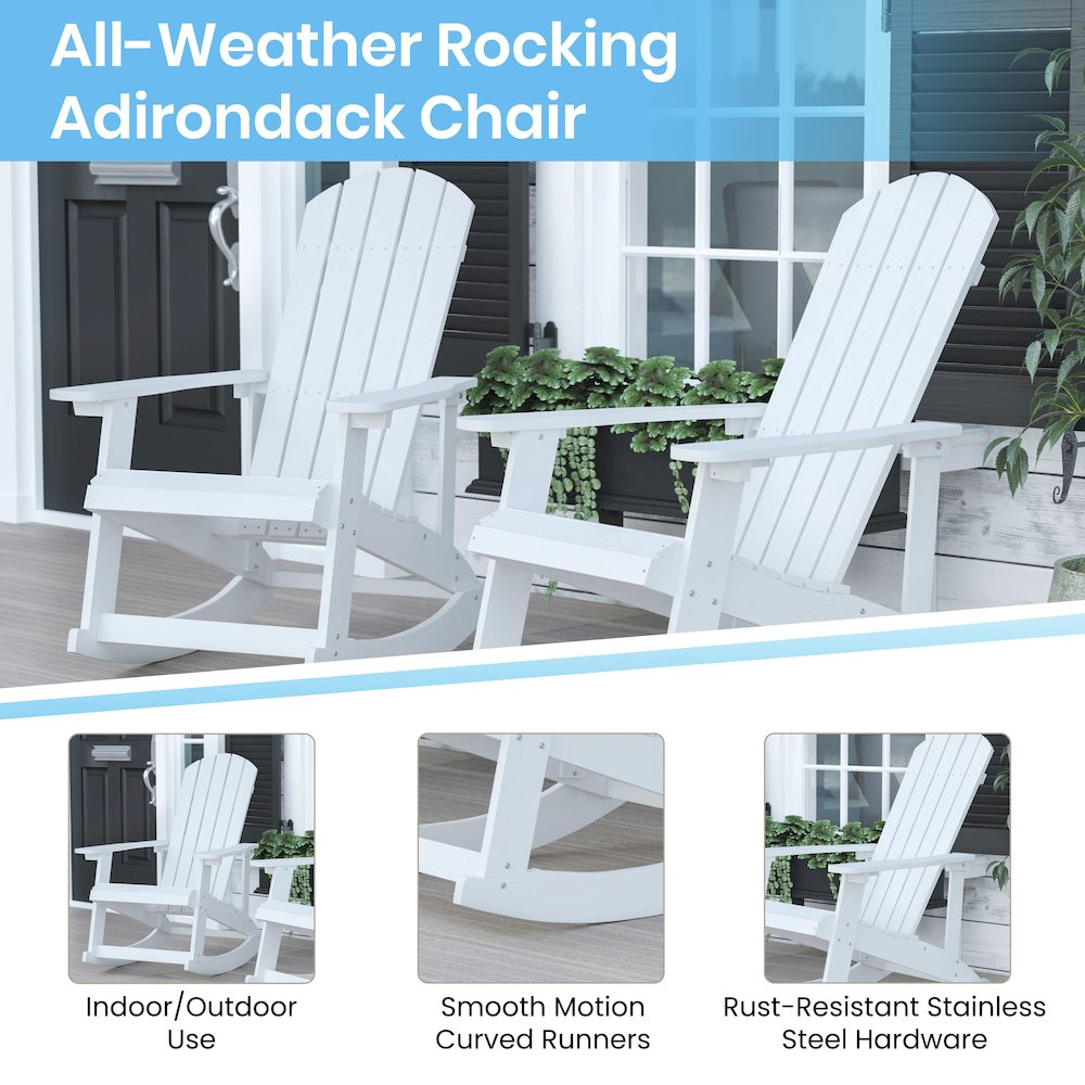 Set of 4 white Adirondack rocking chairs with matching side tables, ideal for outdoor patio or garden relaxation.