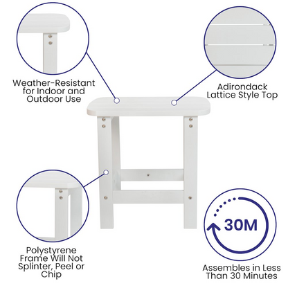 Set of four white Adirondack rocking chairs with side tables, outdoor furniture by Start2Finish, perfect for relaxing patios.