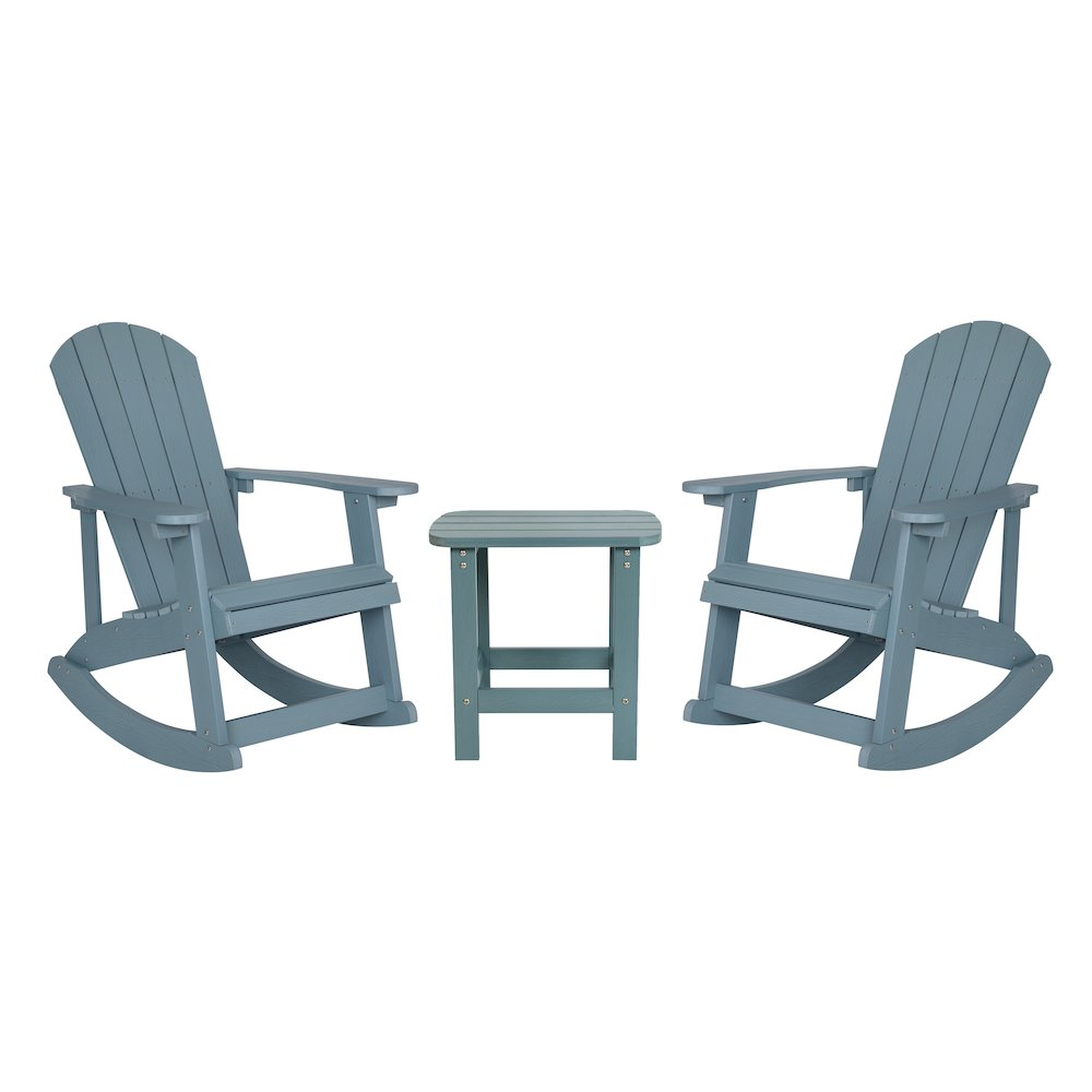 Set of 2 Sea Foam Adirondack rocking chairs with matching side table by Start2Finish, outdoor furniture for relaxing patios.