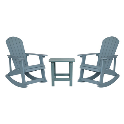 Set of 2 Sea Foam Adirondack rocking chairs with matching side table by Start2Finish, outdoor furniture for relaxing patios.