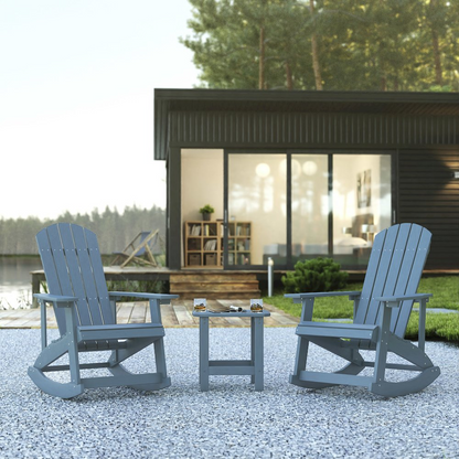 Set of 2 sea foam Adirondack rocking chairs with a side table, crafted by Start2Finish, outdoor furniture for relaxing spaces.