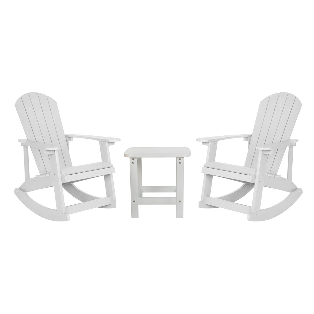 Set of 2 white Adirondack rocking chairs with matching side table, outdoor furniture by Start2Finish, shown in a garden setting.