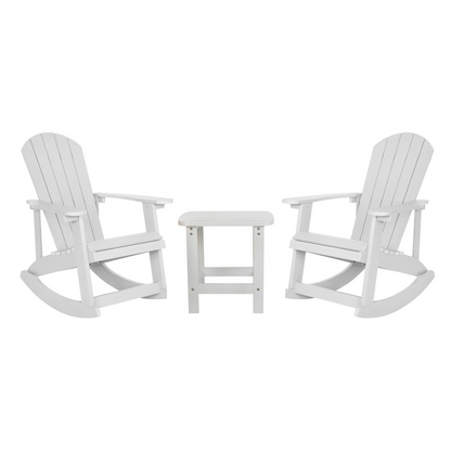 Set of 2 white Adirondack rocking chairs with matching side table, outdoor furniture by Start2Finish, shown in a garden setting.