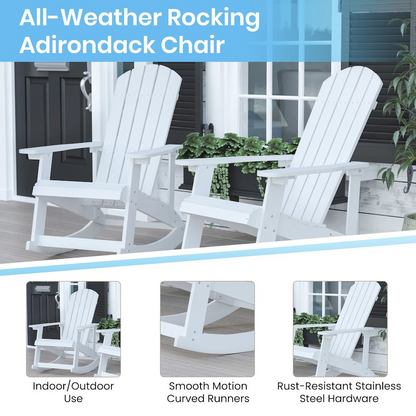 Set of 2 white Adirondack rocking chairs with matching side table, outdoor furniture by Start2Finish.