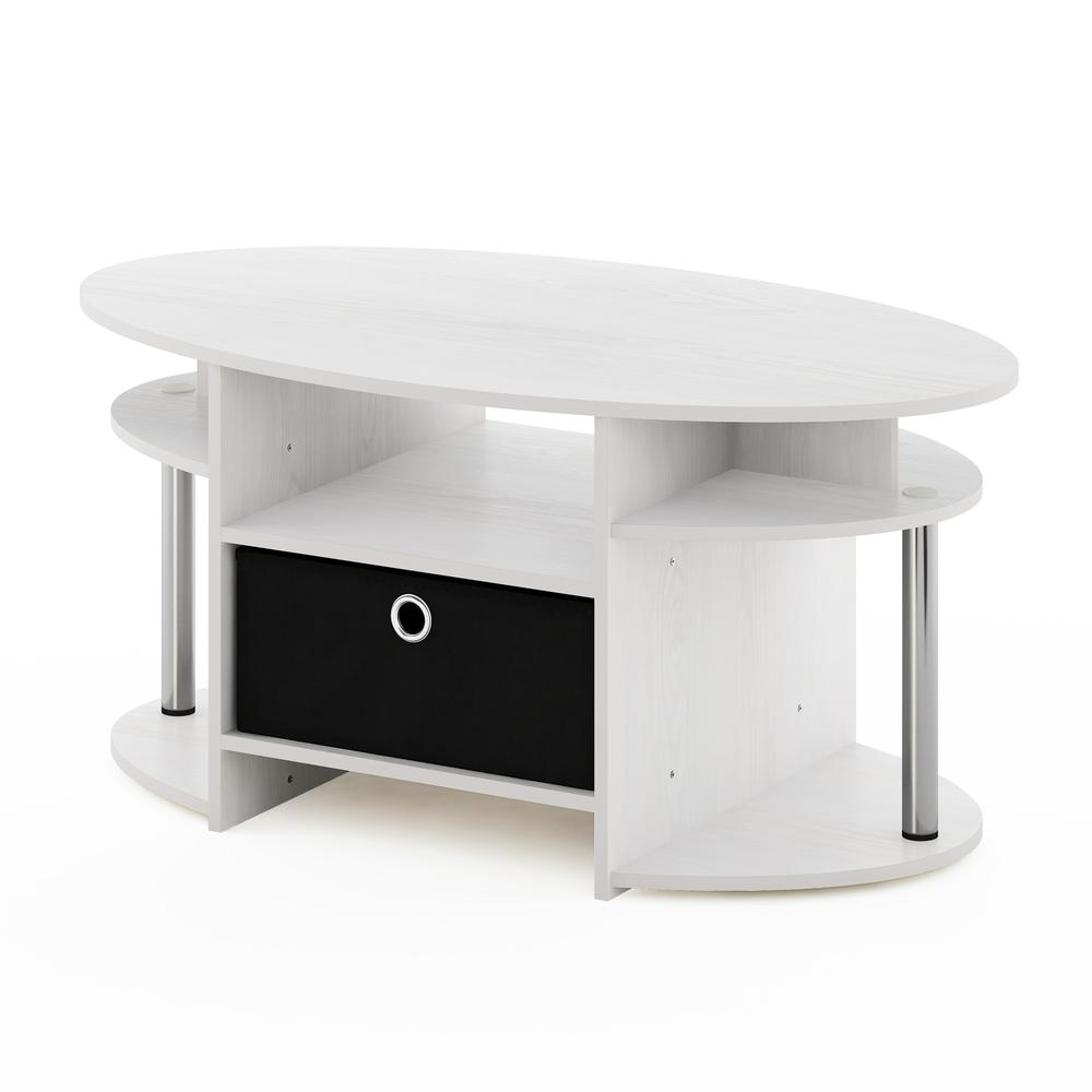 Start2Finish JAYA oval coffee table with storage bin, white oak finish and stainless steel tube legs, modern furniture design.