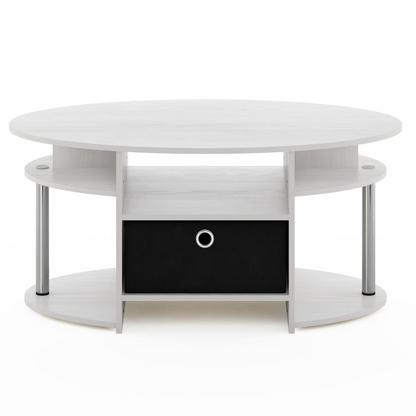 White oak oval coffee table with stainless steel tubes and built-in storage bin, modern simple design by Start2Finish.