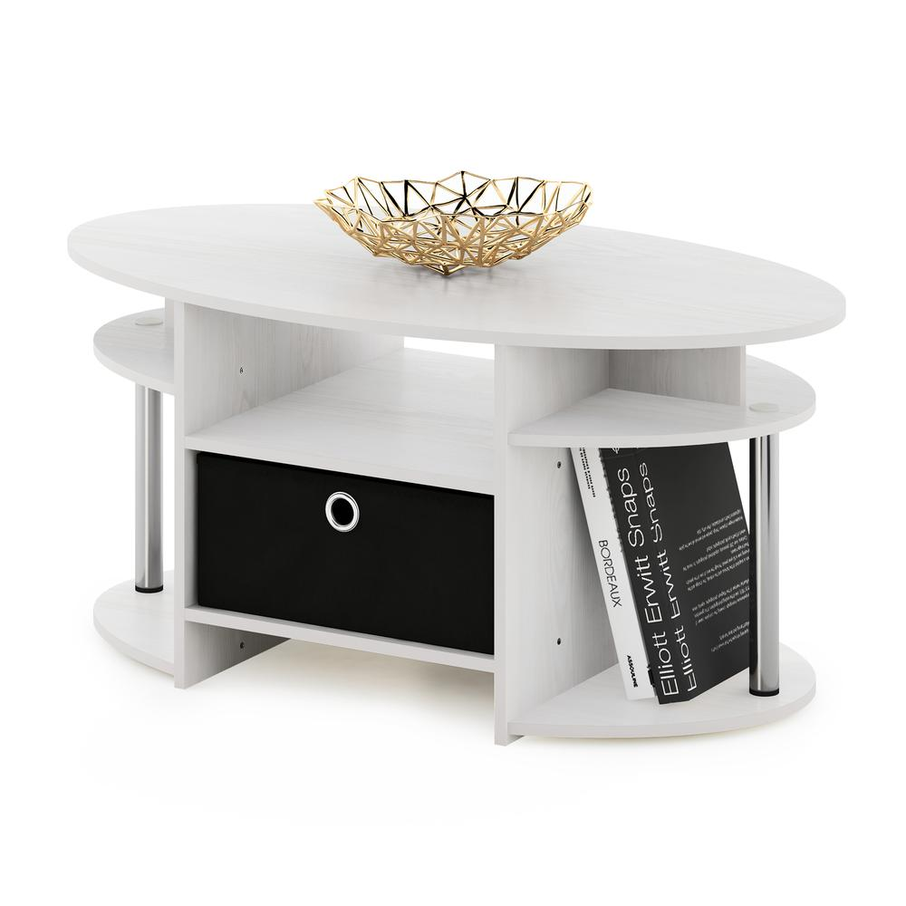 Start2Finish JAYA oval coffee table with white oak finish, stainless steel tubes, and built-in storage bin, modern furniture design.
